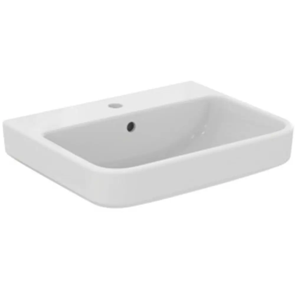 Waschtisch in Weiß, rechteckige Form mit einer Mulde, ein Loch für einen Wasserhahn, von Ideal Standard.